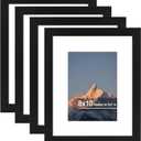 8x10 Picture Frame Set of 4, High Definition Real Glass, Display Pictures 5x7 with Mat or 8x10 Without Mat, Gallery Wall Hanging or Tabletop Photo Frames, Black