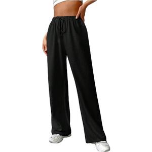 WDIRARA Women's Drawstring Waist Wide Leg Pants Casual Tie Front Pants Black Medium