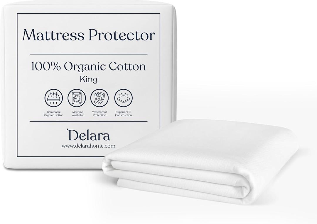 Organic Waterproof Mattress Protector for King Size Bed, Soft & Cooling, GOTS Certified Organic Cotton, Noiseless & Breathable, Machine Washable, Fitted Mattress Cover, 19 Inch Deep Pocket