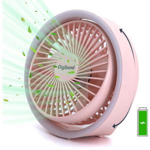 Digibond Pink Desk Fan, Small Quiet with Ambient Light/Hook Portable USB Fan 5.3in High Power 3000mAh Rechargeable Battery Operate 3 Speed 180° Rotated Easy Clean