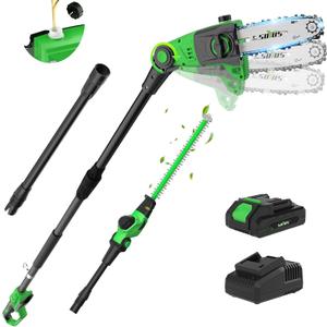 SOYUS Pole Saw 8-Inch Cordless and 18-Inch Pole Hedge Trimmer 2-in-1, 15-Foot Max Reach Pole Saw for Tree Trimming, 16ft/s Speed, Auto Oiling, Multi-Angle Pole Chainsaw with 2.0Ah Battery & Charger