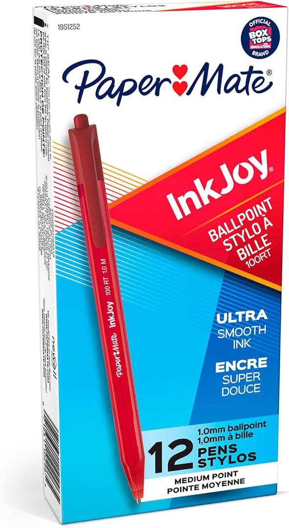 Paper Mate InkJoy 100RT Retractable Ballpoint Pens, Medium Point, Red, Box of 12