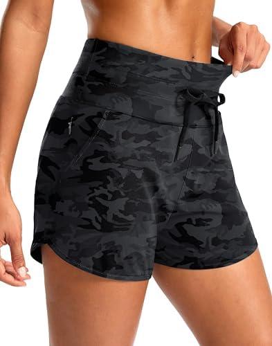 Soothfeel Women's Athletic Running Shorts with Zipper Pockets 3" High Waisted Workout Active Gym Shorts for Women with Liner Size L
