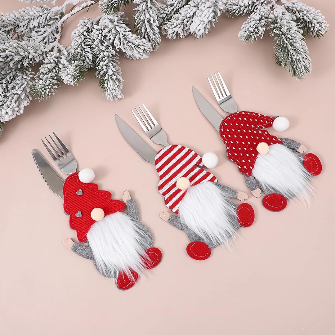 3 x 3 Pcs Christmas Table Decorations Gnomes Silverware Holders, Holiday Party Essentials, Table Decoration for Restaurant Hotel Home Festival Celebration, Cute Xmas Decor Supplies