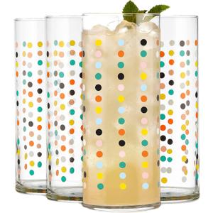 Libbey Vintage Dots Drinking Glasses Set of 4, Colorful, Retro Polka Dot Design Glass Cups Set, Dishwasher Safe Water Glasses Set for Beverages