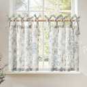 jinchan Floral Linen Tier Curtains 24 Inch Farmhouse Cafe Curtains Tie Top Botanic Drapes for Small Windows Over Sink for Kitchen Country Rustic Laundry Room Bathroom RV 2 Panels Blue on Beige