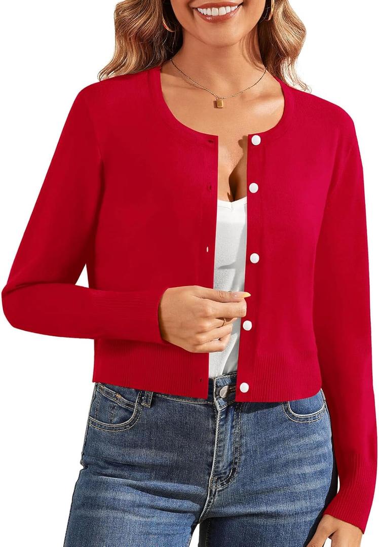 Cropped Cardigan Sweaters for Women Long Sleeve Button Down Open Front Bolero Shrugs for Dresses, S-XL (Medium, 2-Red)