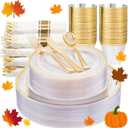 WELLIFE 350PCS Clear-Gold Plastic Plates - 100 Disposable Plates, 150Plastic Silverware, 50 Cups, 50 Napkins for Wedding & Party