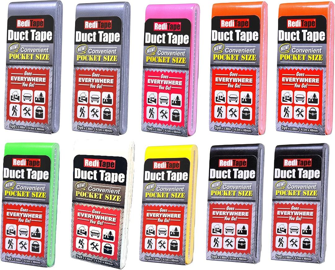 Travel Size Pocket Duct Tape 10-Pack | 1.88 inches x 5 Yards per Flat Pack (10-Pack, Rainbow Assortment)