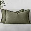 MIULEE Decorative Lumbar Throw Pillow Covers Neutral Linen Fringe Throw Pillows Set of 2 Olive Green Boho Farmhouse Cushion Covers for Couch Sofa Bed Living Room Spring Home Decor 12x20 Inch