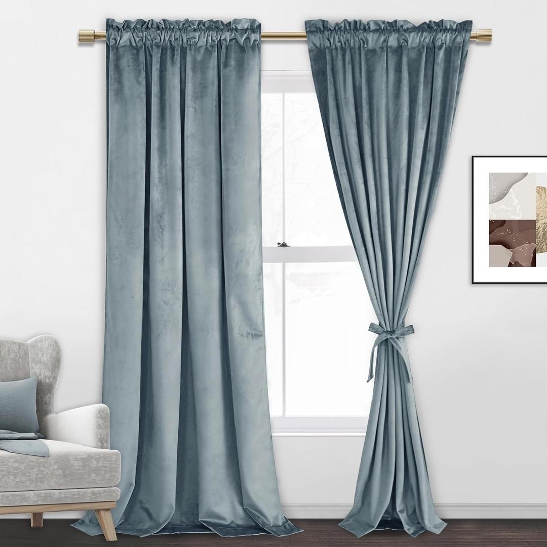 JIUZHEN Stone Blue Velvet Curtains 96 inch Length for Living Room Luxury Noise Reducing Rod Pocket Room Darkening Window Drapes for Bedroom Dining Room, 2 Panels, W52 x L96 inches (52"W x 96"L (Pack of 2))