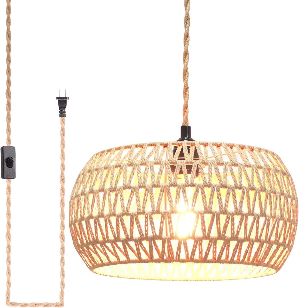 Plug in Pendant Light Rattan Hanging Lamp Pendant Light with on/Off Switch Rattan Woven Shade Hanging Lamp Plug in for Living Room Bedroom Farmhouse (Drum)