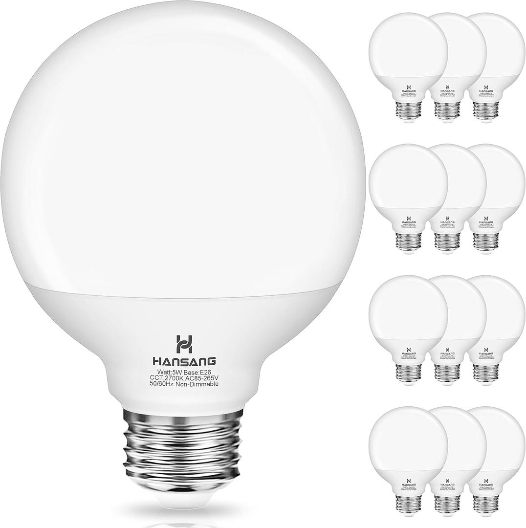 hansang 12 Pack Vanity Light Bulbs for Bathroom, 2700K Warm White E26 Base Round LED Globe Bulb, 60W Equivalent, G25 Vanity Light Bulb for Makeup Mirror Bedroom 120V, CRI85+, 500LM, Non-dimmable