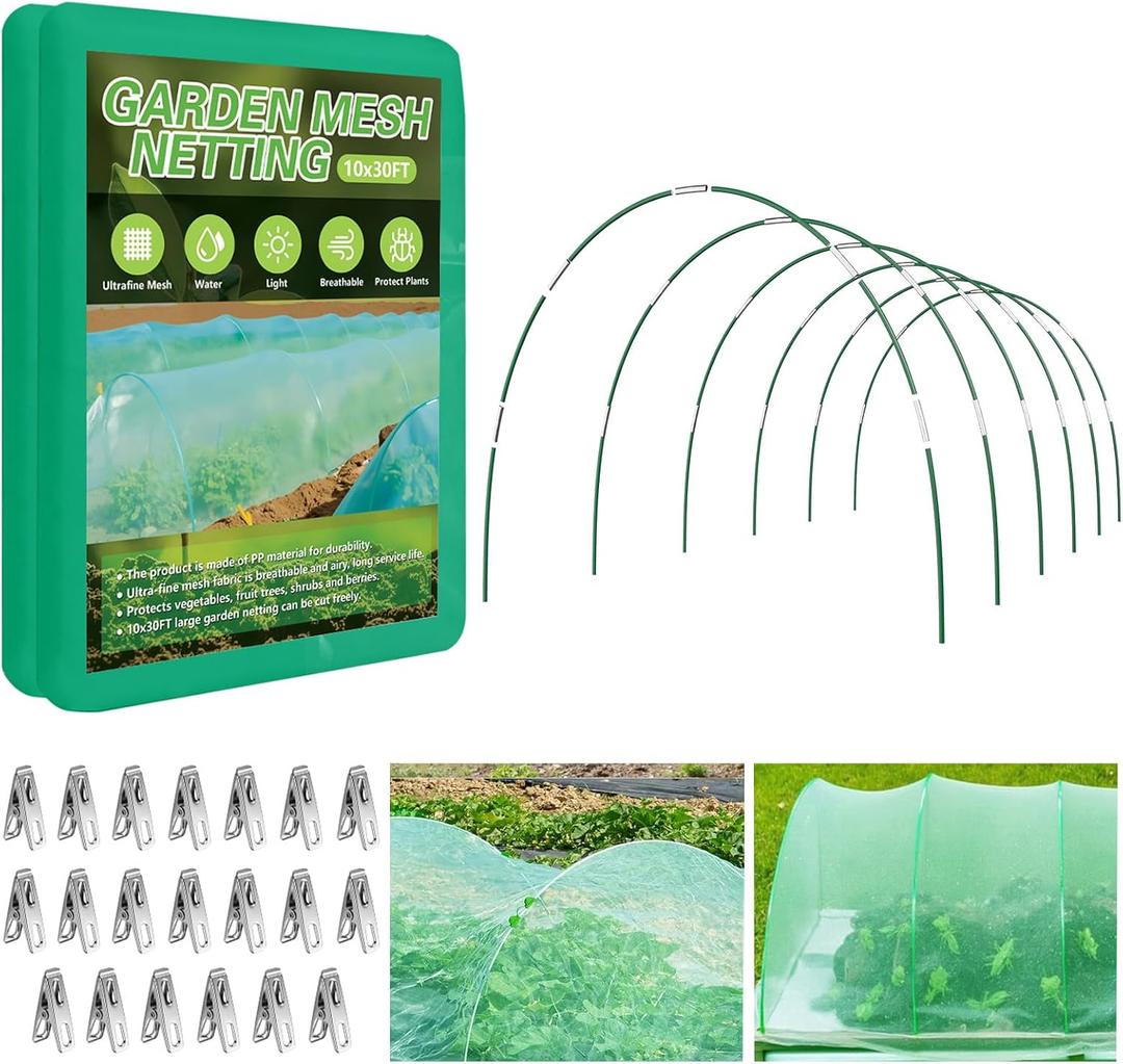 Garden Netting Kit for Raised Beds, 10x30FT Green Ultra Fine Mesh Netting 6 Sets of 8FT Garden Hoops, Insect Netting Row Cover Net Protect Plants Vegetable Fruits Flowers
