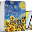for iPad (A16) Case 11th Generation, iPad 10th Generation Case with Pencil Holder Viewing&Typing Angles Slim Trifold Stand Lightweight Transparent Back Soft TPU Auto Wake Sleep Starry Night Sunflowers