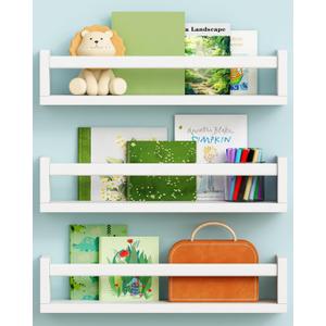 Harwaya White Nursery Floating Book Shelves for Wall Set of 3, Kids Wall Shelves for Baby Room Bedroom, Modern Hanging Bookshelf for Baby Toddler Children Girls Boys Decor and Toys Books Storage (16.5 Inch Long)