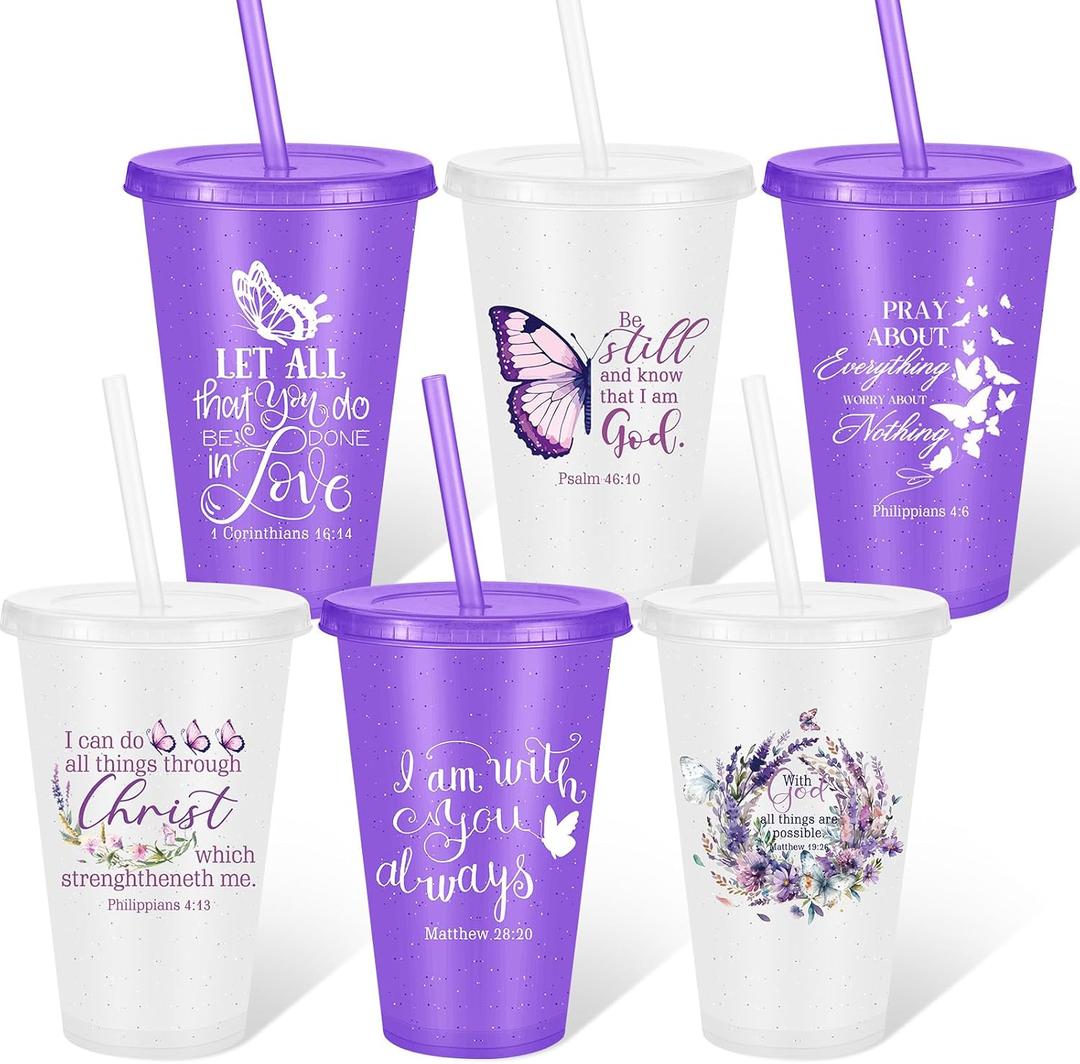 Havawish 12 Pcs Mother's Day Christian Gifts Bulk for Women Church Group 16 oz Butterfly Plastic Cups Religious Bible Tumbler with Lid and Straw Women Mom Teacher Coworker Church Gifts (Purple,White)