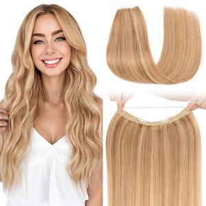 S-noilite Halo Hair Extension Invisible Wire in Real Remy Human Hair Extensions with Clips Adjustable Hidden Wire in Hair Extension for Women 16 inch Camel Bown Highlighted Blonde