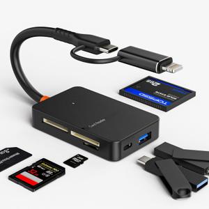 Memory Card Reader, 6in1 USB 3.0 and Lightning to SD Micro SD MS CF Card Reader Adapter with 5Gbps USB-A/C Data Ports, 4 Cards Simultaneously Read and Write, for iPhone, Laptop, MacBook, iPad and More