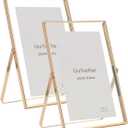 Gold 4x 6'' Floating Frame Set of 2, For Photo Sizes (2x3'', 3.5x 5'' up to 4x6'' ), Beautiful Metal Lace Edge Frames Adjustable Tabletop/Shelf Photo Frame, Classy Gift Choice for Wedding,