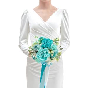 TINGE TIME 9 inch Bridal Bouquets for Bride, Artificial Silk Flowers Tossing Bouquet, Bride Bouquets for Wedding,Ceremony, Anniversary (TealBlue)