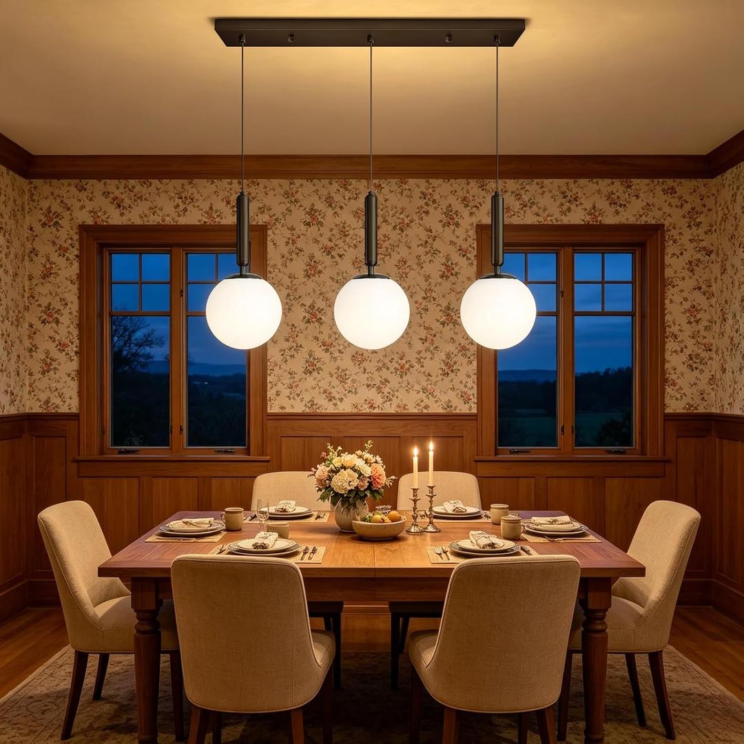 Modern White Glass Chandelier Mid Century Globe Pendants Lights for Kitchen Island Rectangular Lighting Fixtures for Dining Room Living Room Black, 23.6x4.7x59