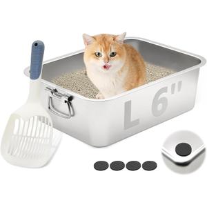 BNOSDM Stainless Steel Cat Litter Box, Metal Litter Pan with Handles (17.7'' x 14'' x 6'') Rustproof High Sides Toilet with Litter Sifting Scoop for Cats & Rabbits (17.7'' x 13.8'' x 5.9'')