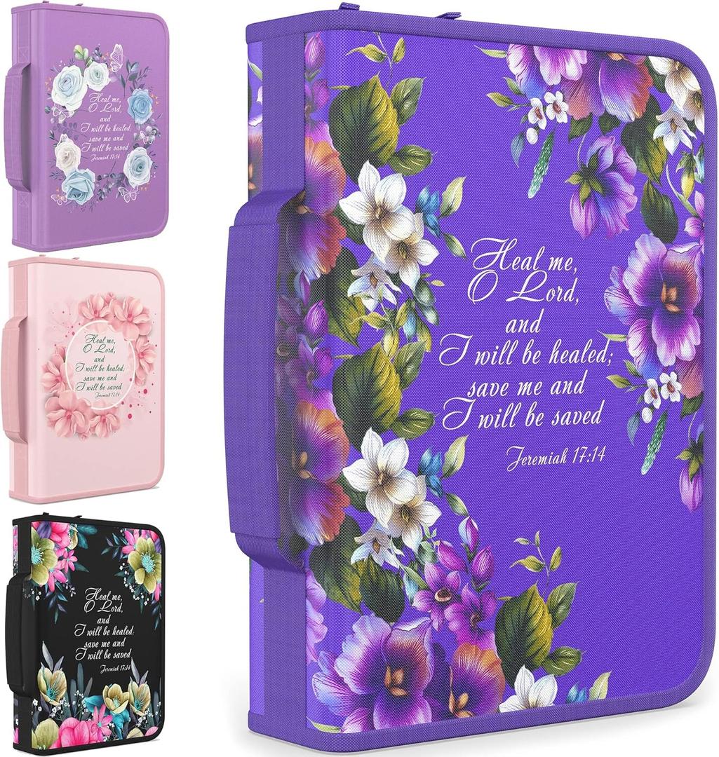 DEHITE Bible Cover Case for Women  Premium Fabric Bible Cases for Women - Carrying Bag for Woman  Pen Slots  Zippered Pocket  Christian Floral Accessories - Extra Large Holder (Purple XL)