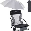 Homcosan Portable Low Folding Beach Chair with Detachable Umbrella - Lightweight Camping Chair for Adults with Cup Holder & Storage Pocket, Carry Bag Included (Black & Gray)