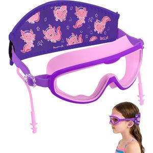 Axolotl Toddler Swim Goggle，Fabric Strap Pain-Free, Anti-Fog，Anti-leakage earplugs for Boys and Girls