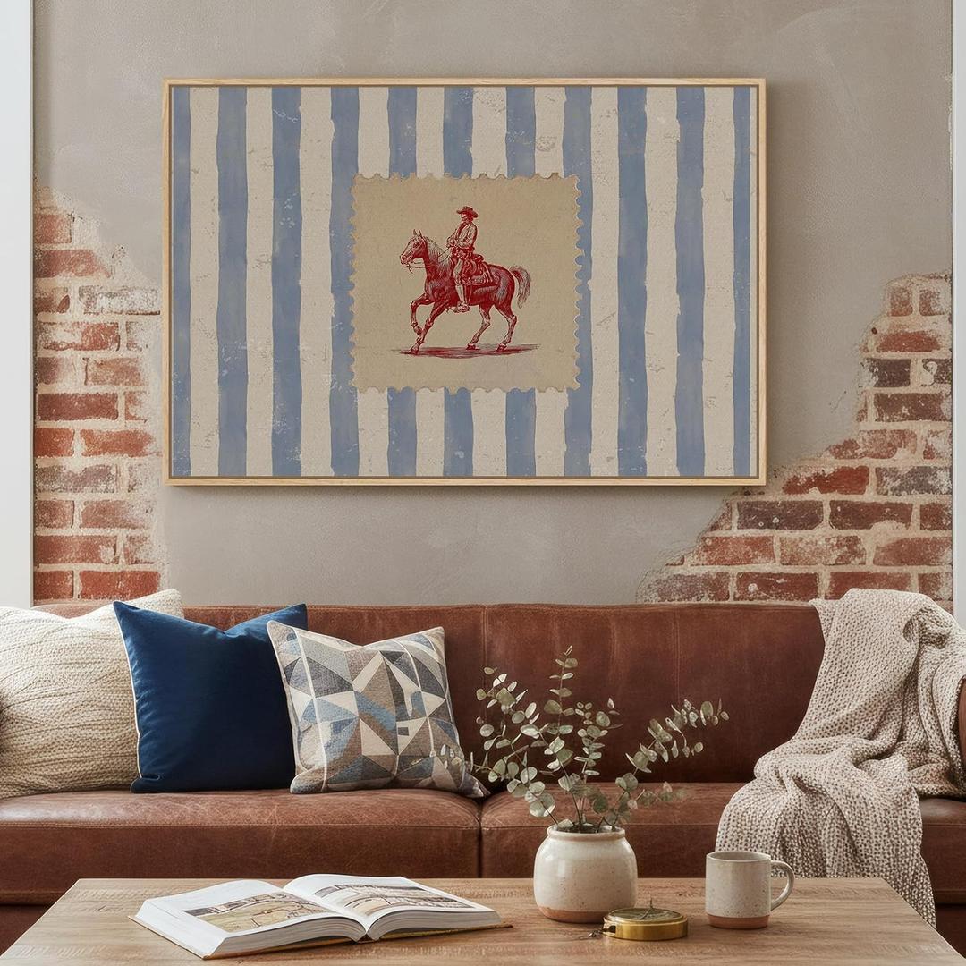 Large Framed Western Cowboy Wall Art for Living Room, Vintage Farmhouse Horse Canvas Prints Paintings, Blue Striped Country Picture Artwork Decor for Bedroom Entryway 36x24 Inch, 36W" x 24H"