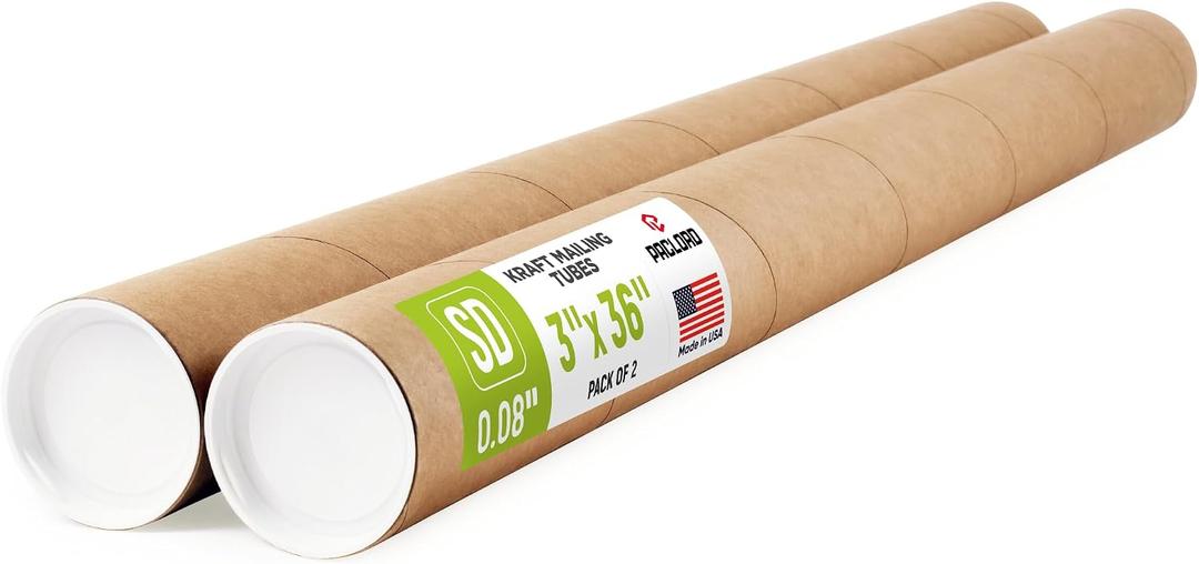 3" x 36" Reinforced Kraft Paper Mailing Tube, Pack of 2 Tubes with 4 Caps Secure USPS Approved Poster Tube Made in USA Cardboard Tube for Shipping and Storing Posters, Prints, Artwork