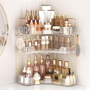 Corner Bathroom Counter Organizer 3-Tier Bathroom Organizer Countertop with Hooks Perfume Organizers Storage Shelf for Makeup & Skincare Dresser-Clear