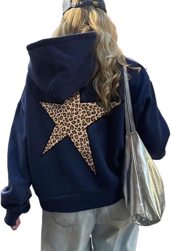 Obenie Women Oversized Leopard Star Graphic Hoodies Y2K Aesthetic Long Sleeve Pullover Sweatshirt Unisex Pullover Tops (Medium, Navy)