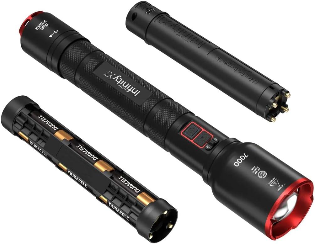 Infinity X1 7000L Dual Power Rechargeable Flashlight,7000 Lumen CREE LED with Adjustable Focus and Heat Lock