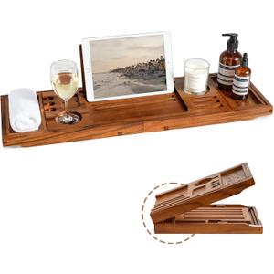 Teak Bathtub Tray | Adjustable Width Tray with Wine Holder, Tablet/Phone & Book Stand, Splash-Proof for Bath Time- Natural