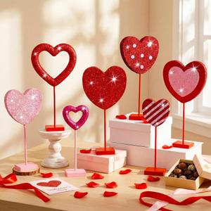 7 Pcs Large Valentine's Day Standing Heart Table Sign Glitter Heart Wooden Sign Decorations Tall Foam Tabletop Centerpiece for Table Home Shelf Valentines Day Decor(Vivid Style)