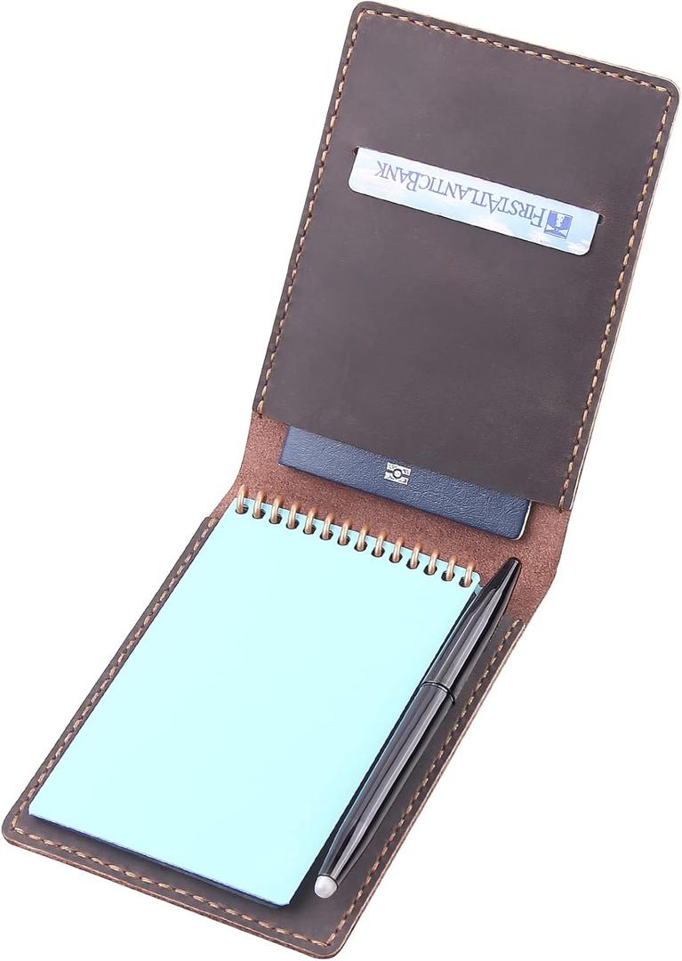 Leather Cover for 3.5x5.5Top Spiral Notebook, Handmade Leather Notebook Cover Compatible with Rocketbook Mini Size, Small Pocket Memo Notepads Holder with Business Card Holder-Coffee