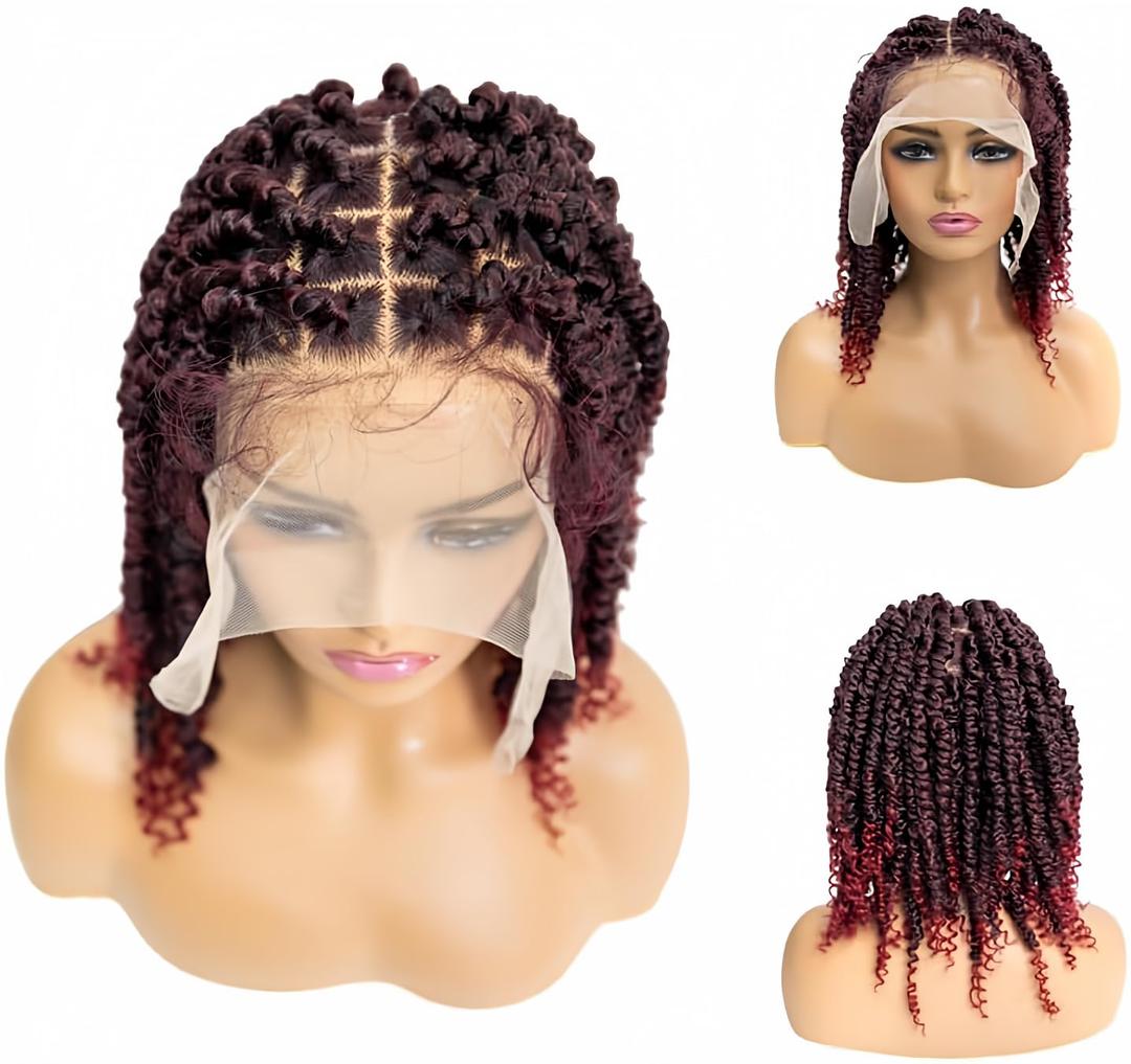 PIB 12'' Single Full Lace Wig Spring Twist Square Parted Knotless Braided Wigs for Black Women Synthetic Lace with Natural Baby Hair (#1B118 Off Black and Burgundy, 12")