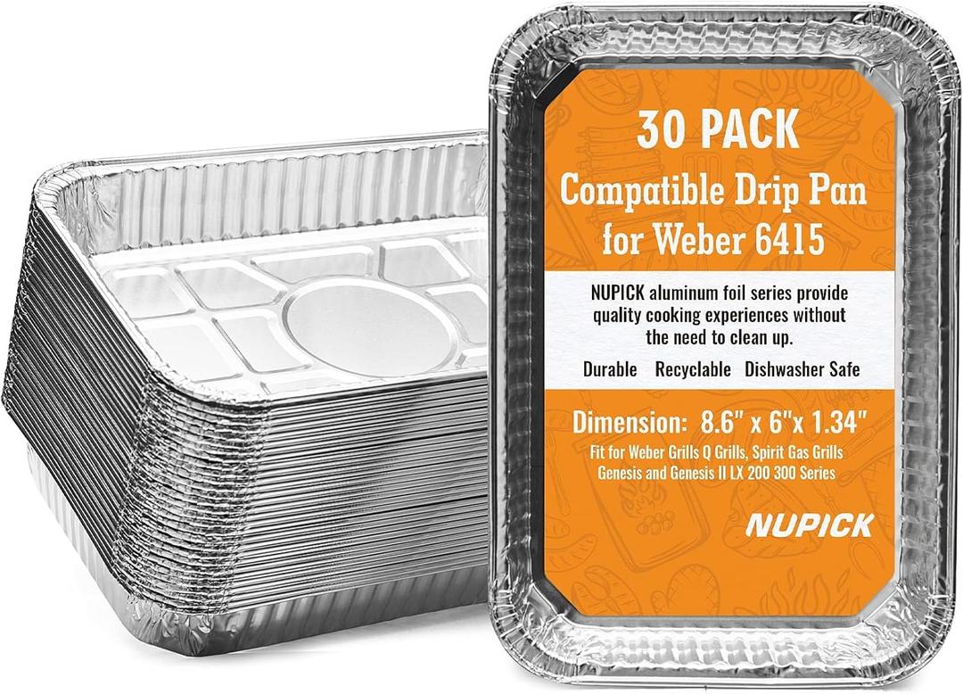 NUPICK 30 Pack Grill Drip Pans Compatible for Weber, 6415 Grill Accessories for Weber Spirit, Genesis, Traveler, Q Series - Grill Grease Pan Liners - Disposable Aluminum Foil Grease Trays - 8.5" X 6"