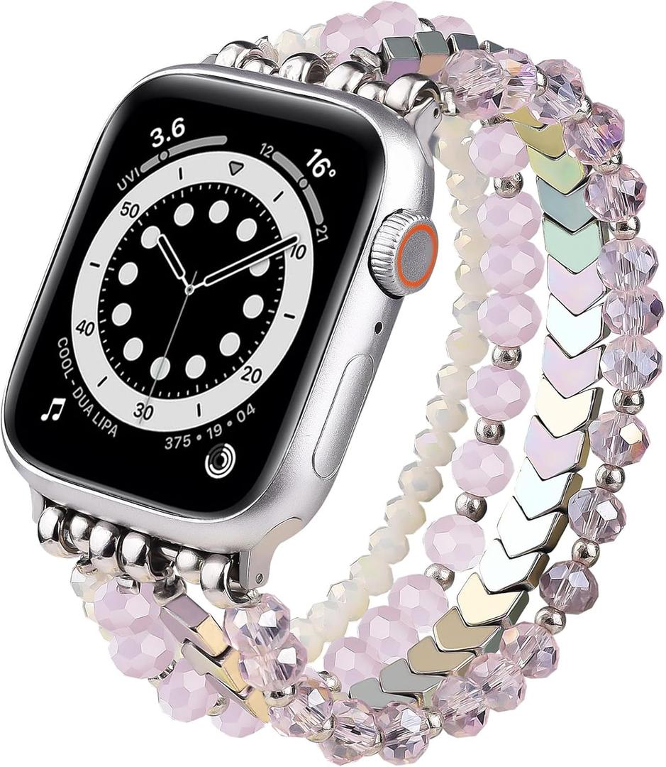 MOFREE Beaded Bracelet Compatible with Apple Watch Band 38mm/40mm/41mm/42mm, Fashion Elastic Stretch Women Bands for iWatch Series 11/10/9/8/7/SE/6/5/4/3/2/1 iPhone Watch Strap Bands Pink