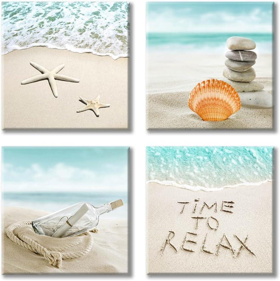 UTOP-art Seashell Beach Pictures Canvas Wall Art For Bathroom Drift Bottle & Seashells on the Beach Pictures Canvas Print for Bathroom (12'' x 12'' x 4 Panels)