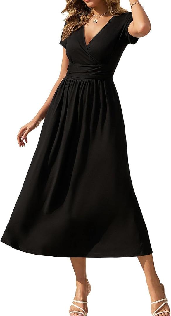 Gracyoga Women's Summer Dresses 2025 Short Sleeve Maxi Dress Casual V Neck Flowy Sundress with Pockets (Medium, Black)