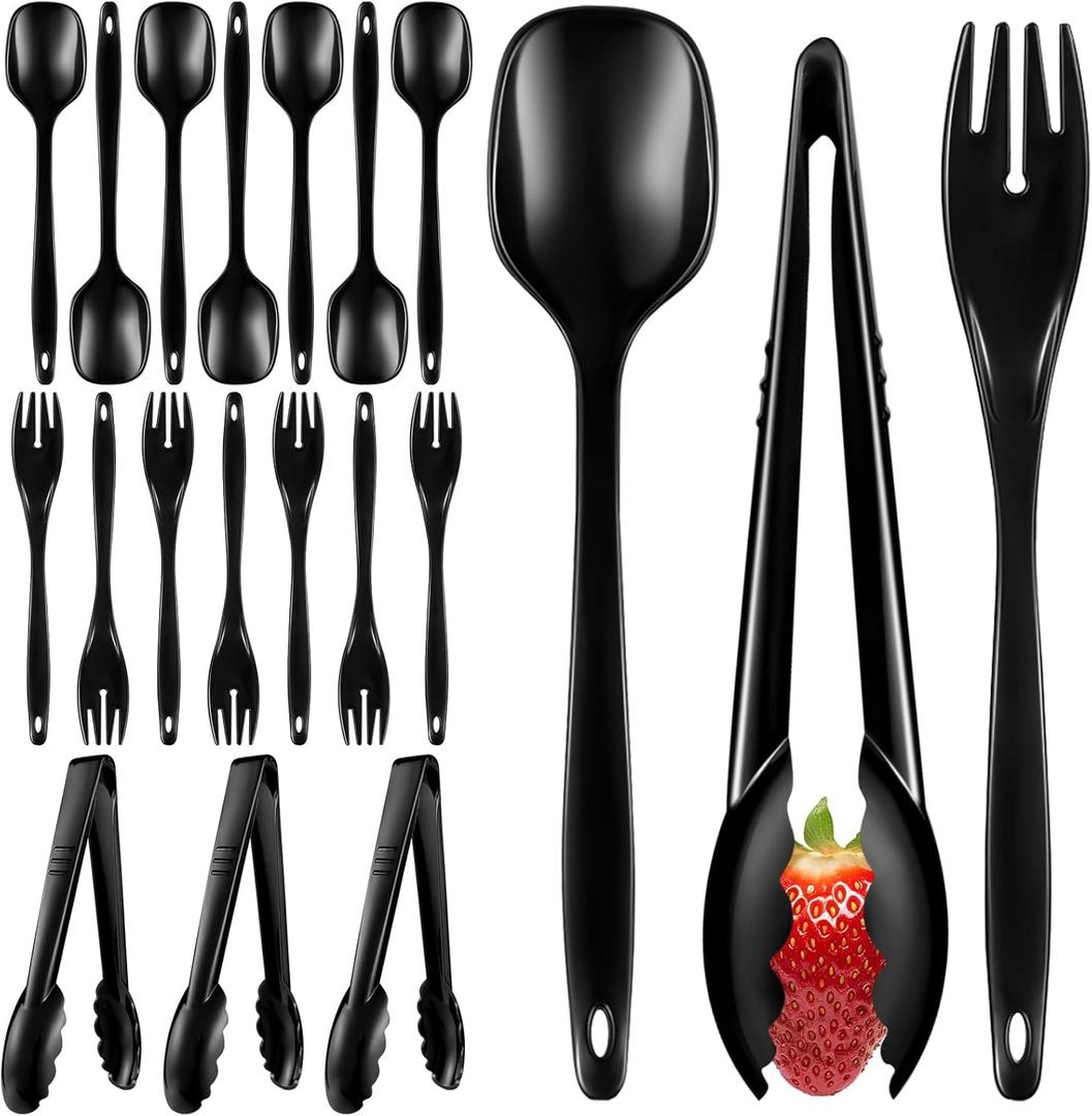 20Pcs Disposable Plastic Serving Utensils for Parties, Buffet Serving Utensils Set-8 Black Plastic Serving Spoons, 4 Tongs and 8 Forks for Catering, Entertaining and Parties