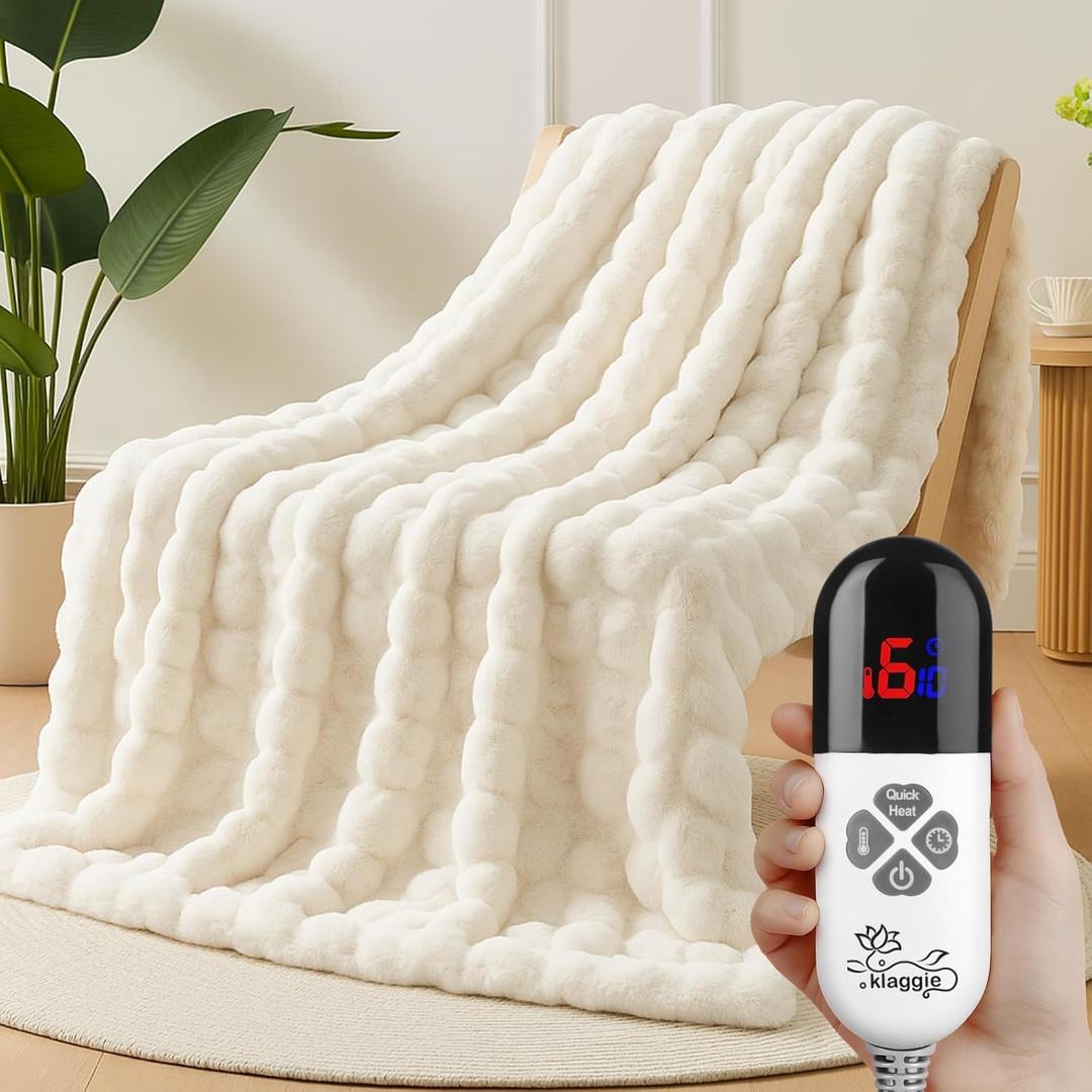 Electric Heated Blanket Throw 50"x60" White Ultra Soft Luxury Fluffy Faux Rabbit Fur Machine Washable 6 Heat Settings 4 Hours Auto Off Overheat Protection for Home Office Use