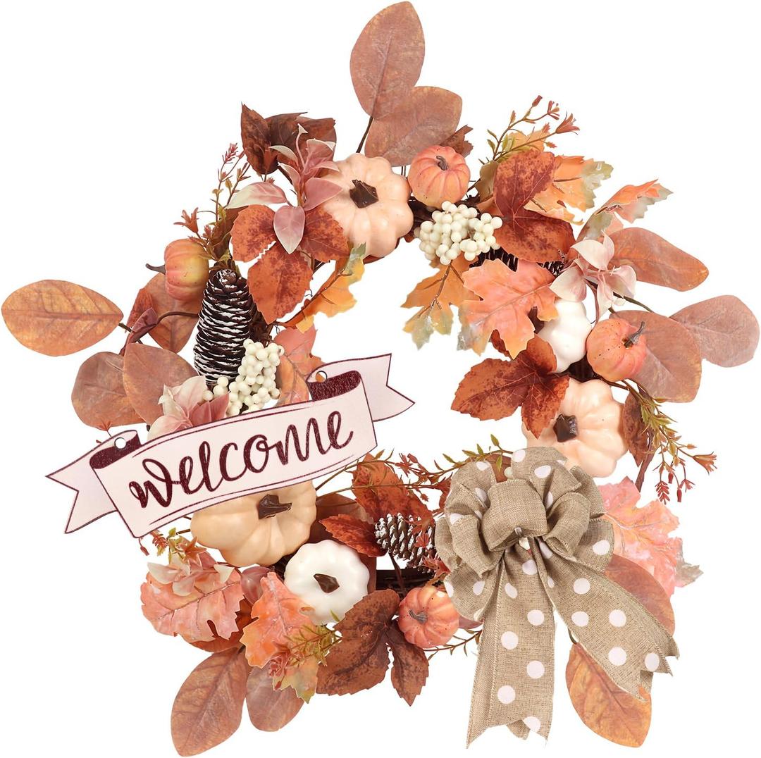 Fall Wreaths for Front Door Outside Decor, 20" Pastel Orange Flower Leaves Pumpkin Pink Wreath Decorations with Bow and Hanging Sign for Thanksgiving Home Outdoor Indoor Porch Harvest Autumn