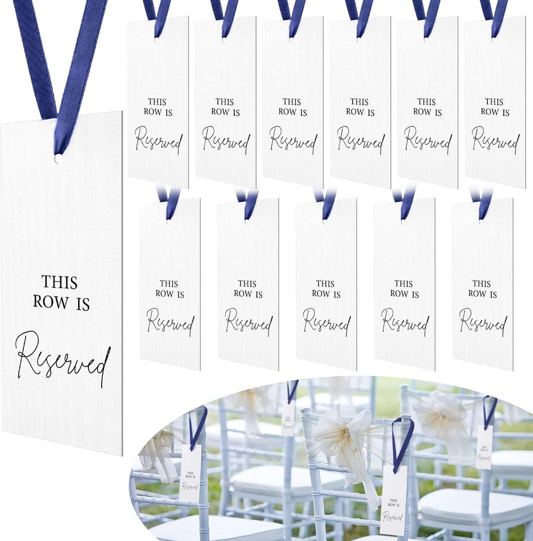 Clabby 12 Pack Reserved Chairs Signs with Ribbon for Wedding Reception Party Restaurant This Row Is Reserved Signs Hanging for Wedding Church Events Pews Chair (Navy Blue)