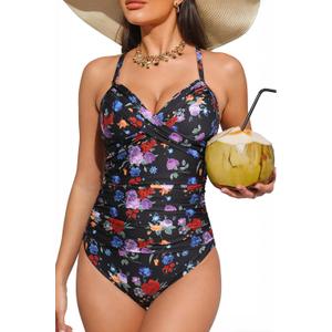 Halcurt Women's One Piece Swimsuit with Skirt Ruched Ruffle Tummy Control Swim Dress Bating Suit (XXL)