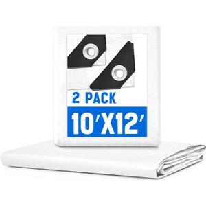 2 Pack 10 x 12 ft 5.5 Mil Large Tarps Heavy Duty Waterproof Tarp Multi Purpose Tent Cover for Home Boats Cars Camping Patio Furniture Roof Emergency Rain Protective Cover, White