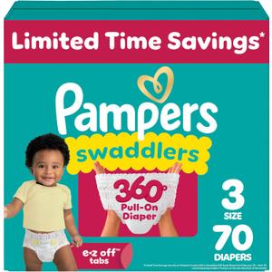 Pampers Diapers - Swaddlers 360 - Size 3, 70 Count, up to 100% Leakproof Comfy Dry Fit, Designed for Easy Changes, Pull On Baby Diaper